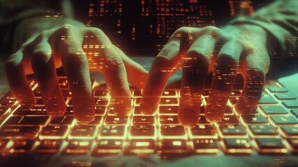 A close-up shot of a hacker's hands typing furiously on a keyboard, their face illuminated by the glow of computer screens as they navigate the digital underworld with stealth and expertise.
