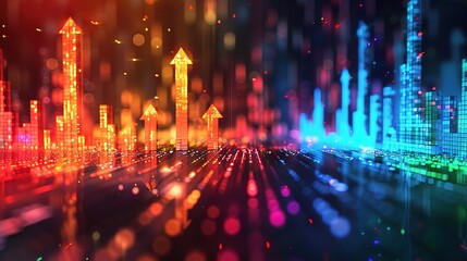 Vibrant hues illuminate a background adorned with a futuristic increase arrow chart, symbolizing abstract technology and digital transition.