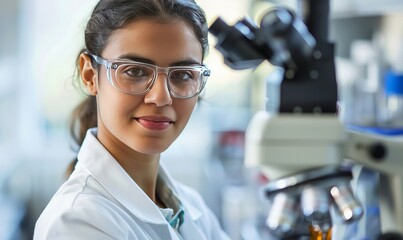 Fototapeta premium Young woman, medical student intern working in the lab