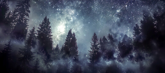 A dark forest with trees and a sky full of stars