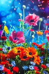 Colorful abstract meadow floral silhouette artwork in vibrant colors against a background. Great is flower design inspiration