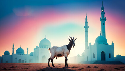 A Beautiful goat standing in front of a mosque with vibrant Islamic background for Eid al adha.