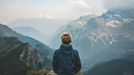 Naklejka premium A person looking out over a mountain vista, metaphor for overcoming mental health challenge