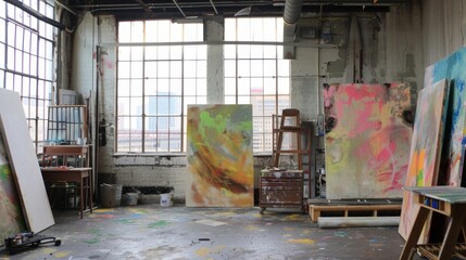 Obraz premium Colorful artist studio space with splattered paint and bright natural light.