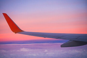 Flight Plane Fly Sky Cloud Sunset View Background, Airplance Wing Aircraft Silhouette Sunrise...