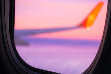 Flight Plane Fly blur Sky Cloud Sunset View Background, Airplance Wing Aircraft Silhouette Sunrise...