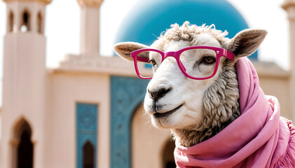 a sheep wearing glasses and pink scarf Standing in front of blue domed mosque for Eid al adha on vibrant background
