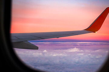 Flight Plane Fly Sky Cloud Sunset View Background, Airplance Wing Aircraft Silhouette Sunrise...
