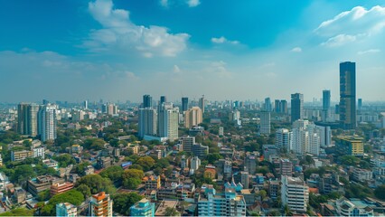 Obraz premium view of the city from above, blue sky background with vibrant city scape in the background