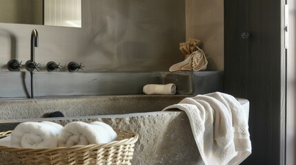 Luxurious spa-like bathroom with natural stone basin and elegant fixtures