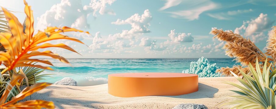 Bright summer product launch on a 3D podium, beach setting with soft sand and vibrant sea hues