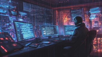 A hacker's workstation bathed in the glow of computer screens, with lines of code scrolling rapidly as the user executes complex algorithms to exploit vulnerabilities in target systems.