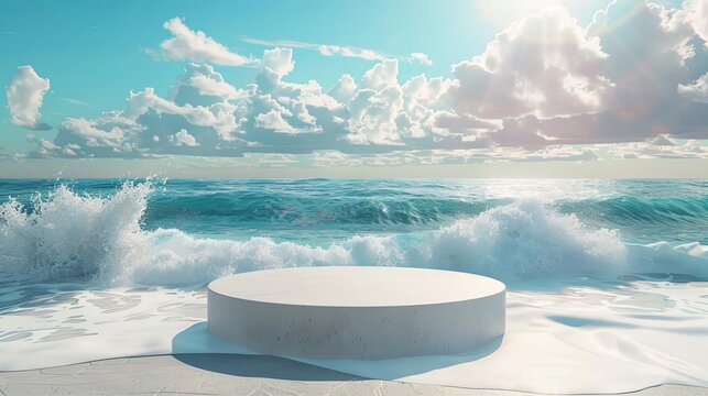 Energetic summer product launch on a 3D podium, sunlit beach with playful sea waves