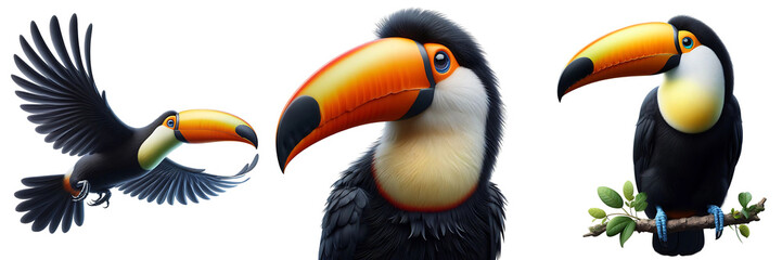 Detailed Set of Toucan Birds Flying, Sitting, Close-up, and Standing, Isolated on Transparent or White Background