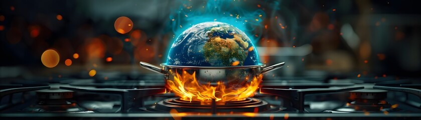 The image shows a planet on fire. The fire is coming from the bottom of the planet and it is spreading up. The planet is surrounded by a dark background with bright lights.