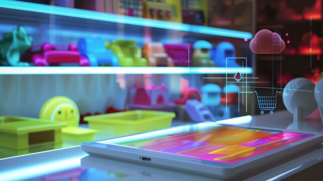 Futuristic tablet with augmented reality in a colorful children's toy store