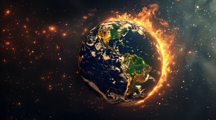 The earth bursts with fire as global warming causes the climate to change, space view of the world burning