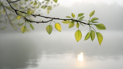   A foreground branch with leaves and a background of water, sun included