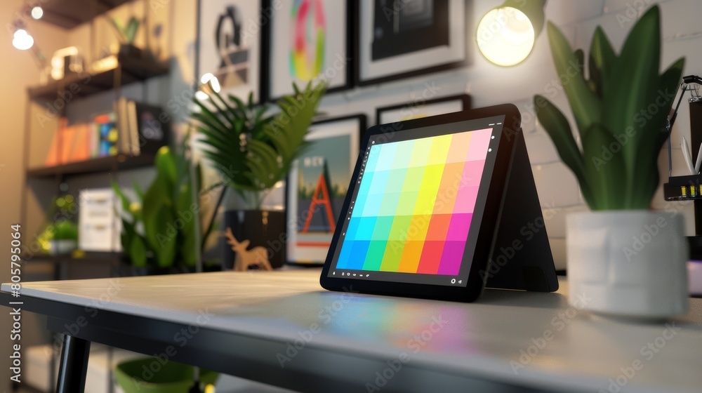 Poster modern digital tablet displaying colors on a creative desk setup