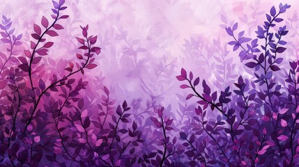   A painting of purple leaves and branches contrasting against a soft pastel pink and purple background, featuring a sky in the distance