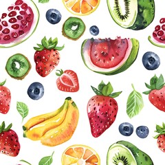 Fruits seamless Pattern. Watercolor illustration of multifruit. Hand drawn on isolated white background. Botanical painting of tropical exotic food. Drawing for fabrics for kitchen textiles, paper