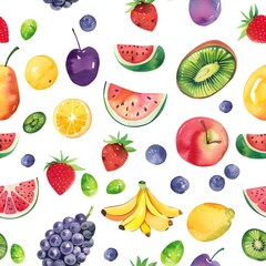 Fruits seamless Pattern. Watercolor illustration of multifruit. Hand drawn on isolated white background. Botanical painting of tropical exotic food. Drawing for fabrics for kitchen textiles, paper