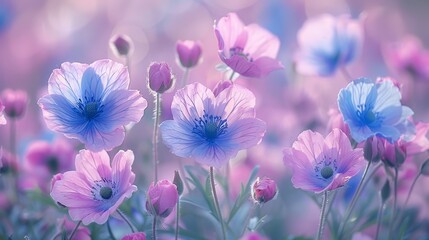   A field of purple and blue flowers with a pink bloom at its center, flanked by more pink and blue blossoms