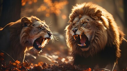 Two male lions fight to become the leader of