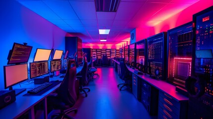 A panoramic view of a hacker's command center, with rows of computer servers humming with activity as cybercriminals execute coordinated attacks on vulnerable targets.