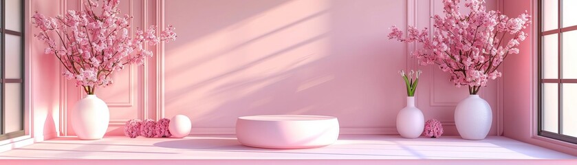 Pastel pink setting with minimalist 3D podium, clean lines creating a serene display environment