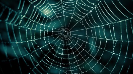 Obraz premium A tight shot of a spider's intricately woven web adorned with water droplets in the focal point