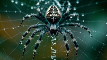  A tight shot of a spider's web, adorned with water droplets, against a softly blurred backdrop