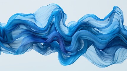   A blue-and-white wave billows in the wind against a light blue-and-white backdrop; a tranquil light blue sky lies in the background