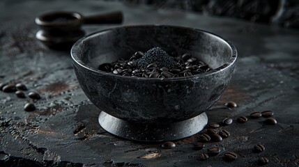   A bowl of coffee beans sits on a table, accompanied by a spoon and a pair of scissors - Powered by Adobe
