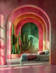 Villa bedroom with arched doorways, pink and green walls, cacti on the wall, a soft bed in front of it, minimalist style, 3D rendering 