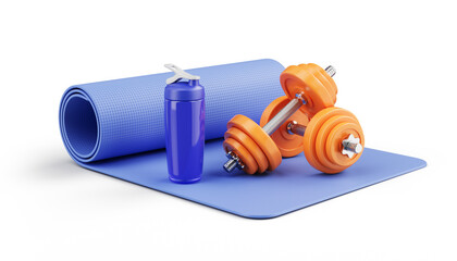 Exercise mat with gym dumbbells weights and water bottle - Fitness, gym concept
