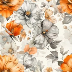 watercolor beautiful orange Flower pattern on Cream background , illustration .
