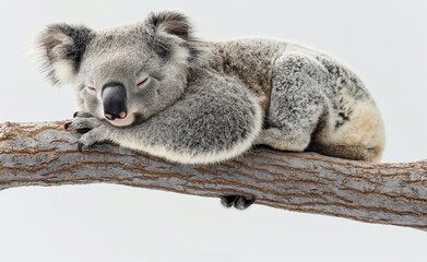 Fototapeta premium Sleeping cute koala. A young animal rests on a white background.