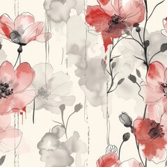 watercolor beautiful Red Flower  pattern on Cream background ,   illustration .
