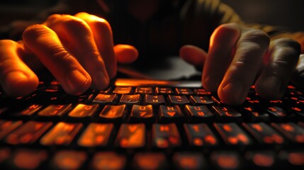 A close-up shot of a hacker's hands typing furiously on a keyboard, their face illuminated by the glow of computer screens as they navigate the digital underworld with stealth and expertise.