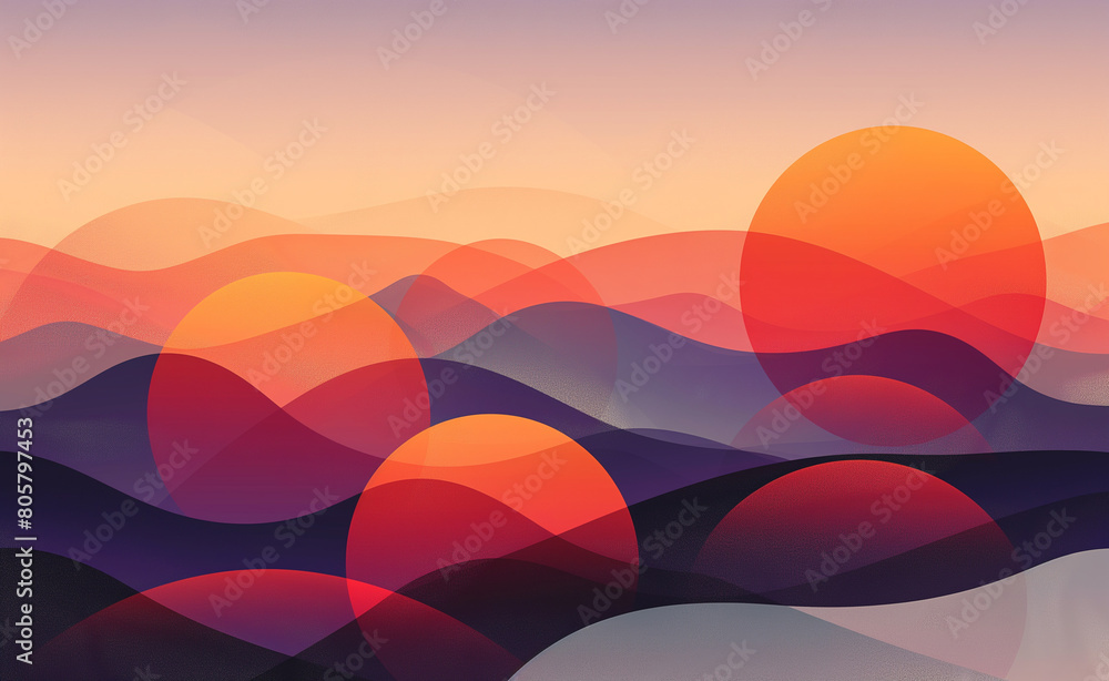 Poster overlapping geometric shapes, such as circles and triangles, set against a backdrop of a simple, gra