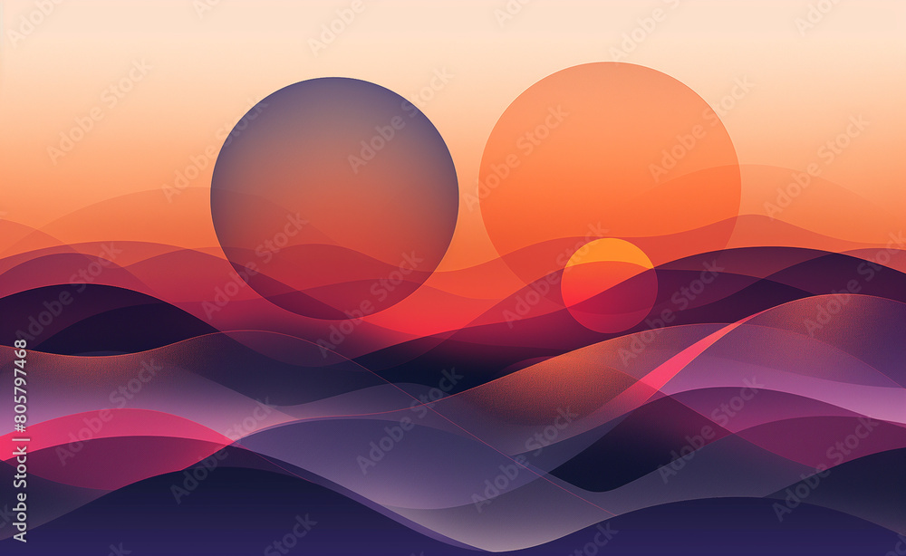 Poster overlapping geometric shapes, such as circles and triangles, set against a backdrop of a simple, gra