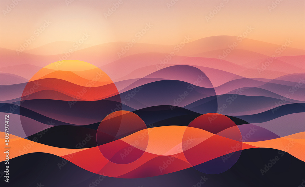 Poster overlapping geometric shapes, such as circles and triangles, set against a backdrop of a simple, gra