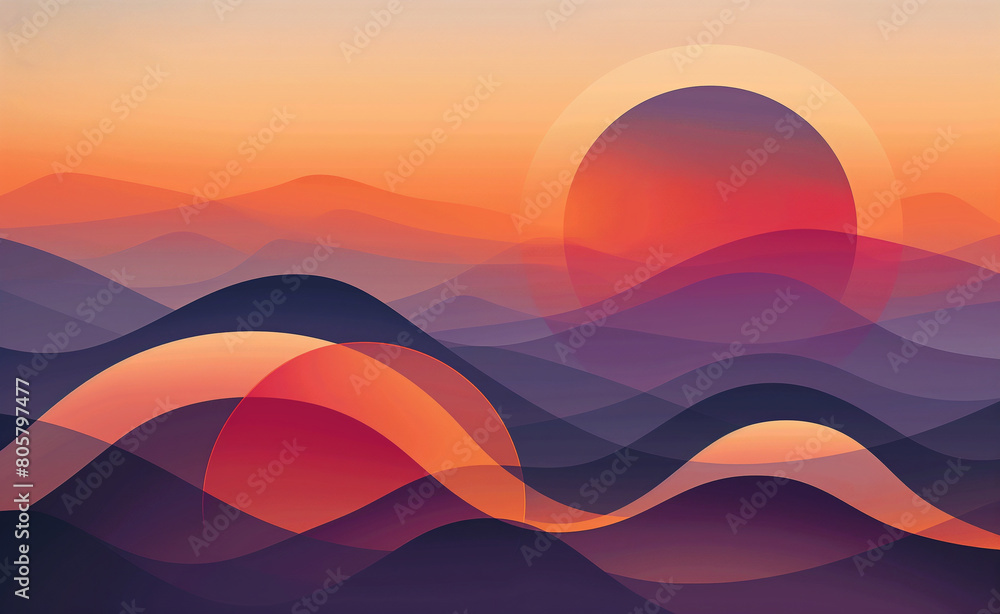 Poster overlapping geometric shapes, such as circles and triangles, set against a backdrop of a simple, gra