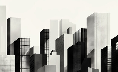 Minimalist cityscape where the buildings are represented by various geometric shapes like rectangles and squares, all in monochrome shades of gray or black.