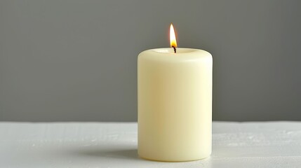   A lit candle up close on a white surface, surrounded by a gray wall Light emanates from the top of the candle