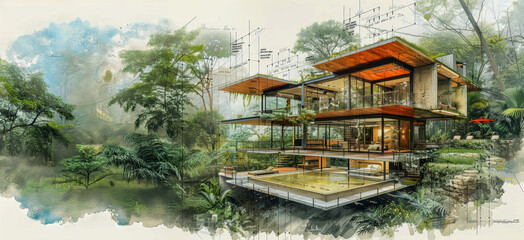 Obraz premium A house with a lot of windows and a pool