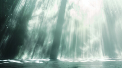 Mystical forest with luminous fog and slender trees. Empty copy space for silhouette dance. Generative AI