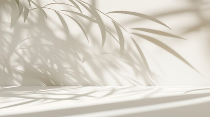 Fototapeta premium Stylish minimal white background with delicate leaf shadows on wall. Empty copy space for product presentation. Generative AI