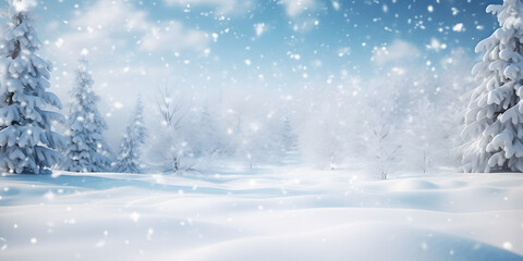 Naklejka na ściany i meble Snow-Covered Field with a Verdant Forest Backdrop